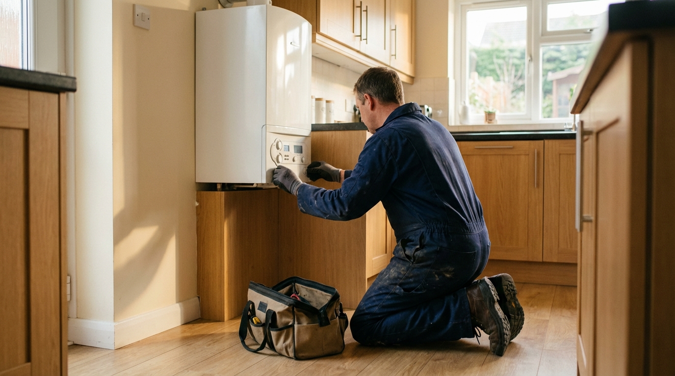 Heating engineer servicing a boiler in a Medway home